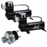 LRD AZ OB2 Dual Pack "BLACK" -Two AZ OB2 200PSI Compressors -AZ 200 PSI Pressure Switch 1/8"NPT -Two 1/2" Teflon-lined Leader Hoses -Two Compressor Mounted Relays TWO YEAR MANUFACTURER WARRANTY!