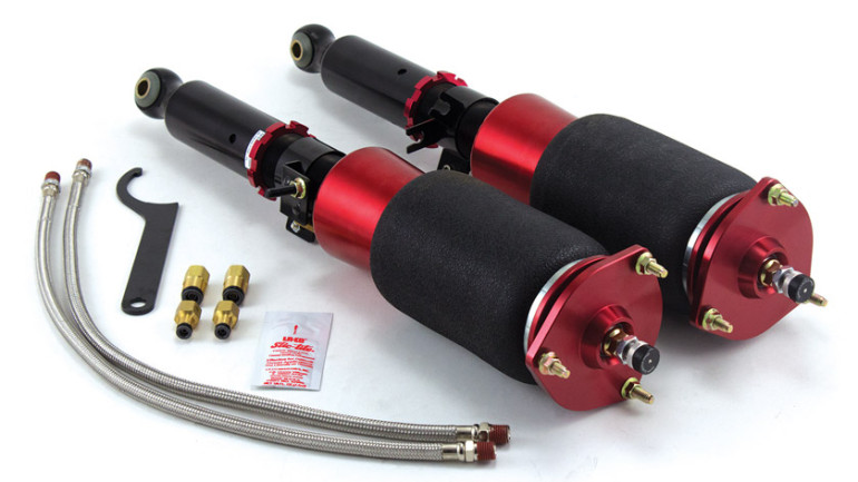 AIR-75521 Front Kit for 2009-2013 Nissan 370z and Select 2008-2013 Infiniti G37 Models 30-Level Adjustable Damping Threaded Body Adjustable Shocks High Quality Spherical Ball Upper Mounts Monotube Construction Shock Bodies Double Bellows Progressive Rate Springs Braided Stainless Steel Leader Air Hoses