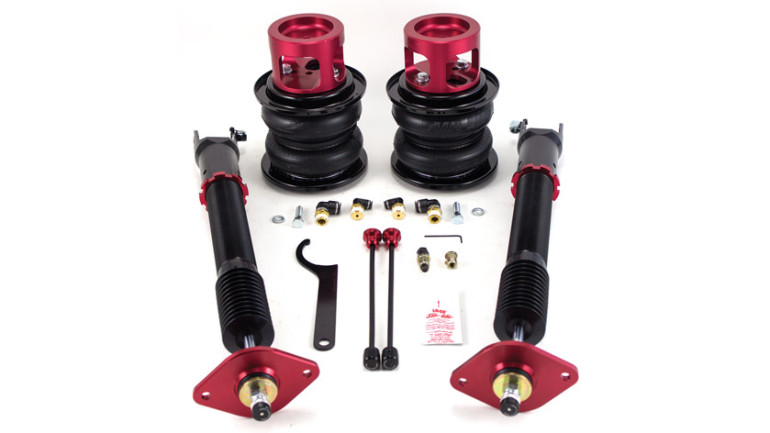 AIR-75621 Rear Kit for 2009-2013 Nissan 370z and Select 2008-2013 Infiniti G37 Models 30-Level Adjustable Damping Threaded Body Adjustable Shocks High Quality Spherical Ball Upper Mounts Monotube Construction Shock Bodies Double Bellows Progressive Rate Springs Braided Stainless Steel Leader Air Hoses