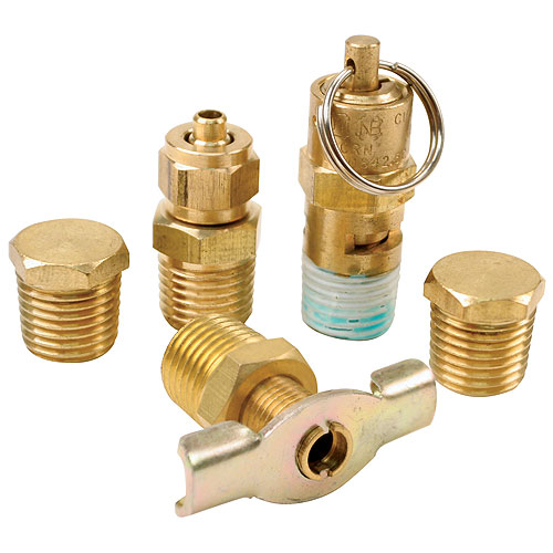 VIA90005 Viair 5pc. Tank Fitting Pack (2) 1/4 npt Plugs (1) 1/4 Drain Cock (1) 1/4 Compression Fitting (1) 175psi Saftey Valve