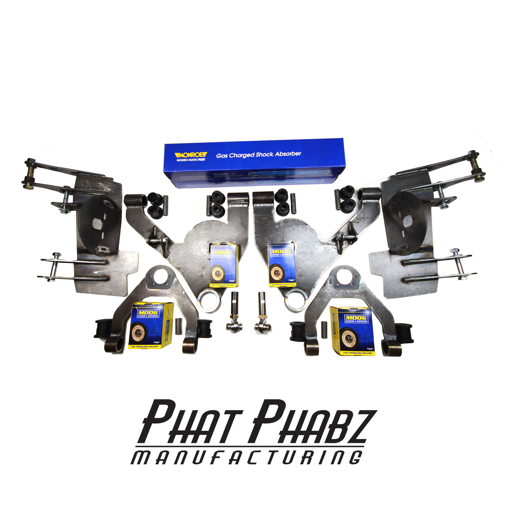 PHA 1001 Phat Phabz 99'- 06' Silverao/Sierra Front Kit Features a 1" narrowed Track Width, Moog Ball Joints, Monroe Shocks, W/ Steering Kit with 3/4" chromoly heims ** Will lay 22"-28" wheels ** ** Price includes $100 spindle core charge **