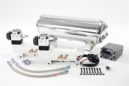 Air-Zenith Dual-OB2 White 200PSI Basic OBA Kit (2) White OB2 200PSI Compressors (1) 5 Gallon Aluminum Chrome Tank (1) Adjustable Pressure Switch (1) 220PSI Digital Air Gauge (2) 1/2" Air Tank Fittings (2) 80A Heavy Duty Relays Two Year Manufacturer Warranty AZOW2K2A