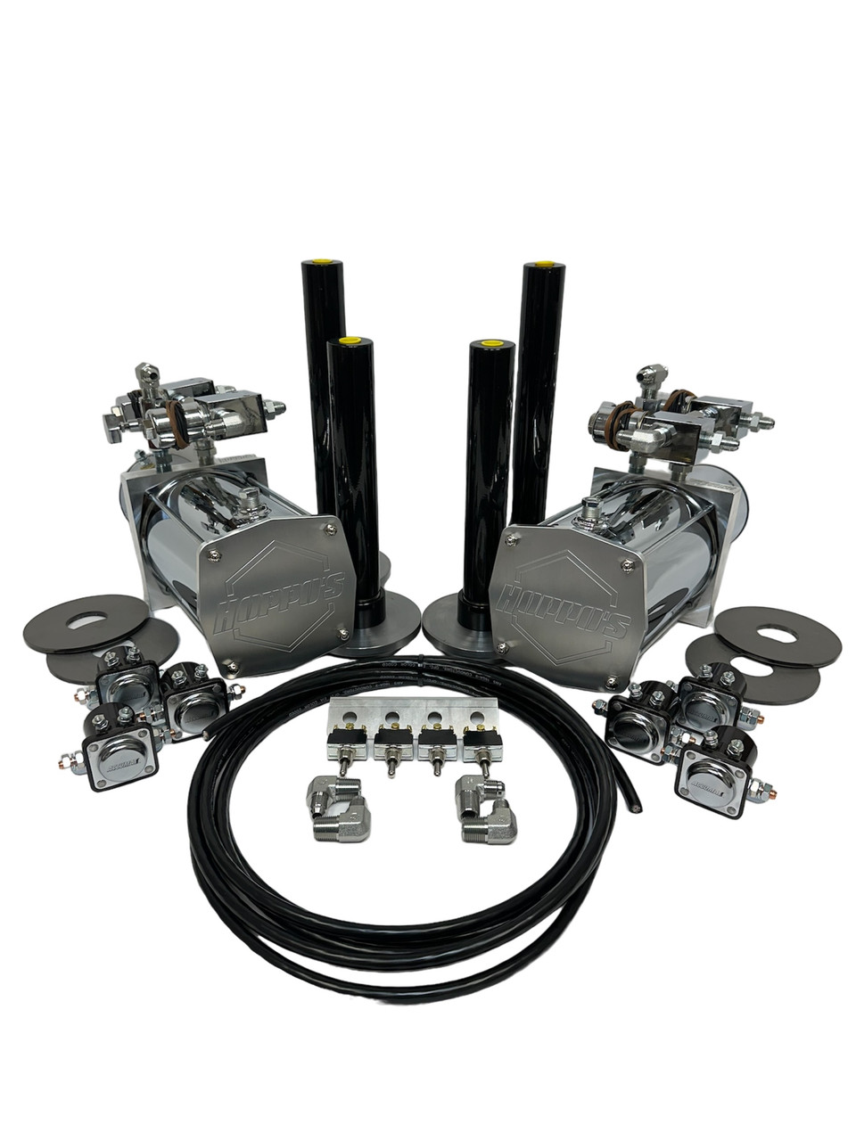 Hoppos Hydraulic Suspension Kit (2PFBSSHYD) Front/Back/Side/Side 2- Chrome Pumps 2- Chrome Motors 2- Pairs Of Cylinders 2- Pairs of Shallow Cups 2- Pairs of Donuts 4- Dumps (Product may Vary Depending on Stock) 6- Solenoids 17' Ft of Switch Cord 4- 6 Prong Switches w/ Panel 1- Complete Fitting Kit w/ Slo-Downs 1- Complete #6 JIC Hose Kit SOME PARTS MAY VERY DEPENDING ON STOCK KITS DO NOT COME ASSEMBLED COILS BATTERIES AND CABLE ARE NOT INCLUDED