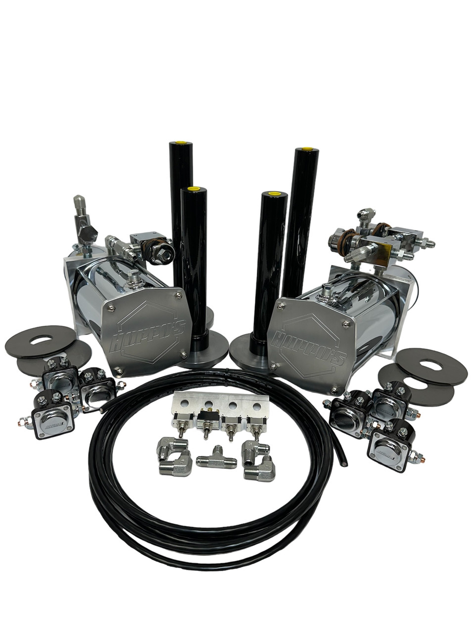 Hoppos Hydraulic Suspension Kit (2PFBCCHYD) Front/Back/Corner/Corner 2- Chrome Pump 2- Chrome Motors 2- Pairs Of Cylinders 2- Pairs of Shallow Cups 2- Pairs of Donuts 3- Dumps (Product May Vary Depending on Stock) 6- Solenoids 17' Ft of Switch Cord 4- Switches w/ Panel 1- Complete Fitting Kit w/ Slo-Downs 1- Complete #6 JIC Hose Kit SOME PARTS MAY VERY DEPENDING ON STOCK KITS DO NOT COME ASSEMBLED COILS BATTERIES AND CABLE ARE NOT INCLUDED