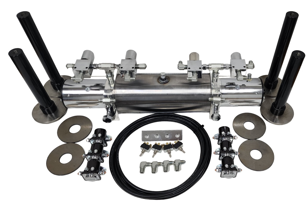 Hoppos Hydraulic Suspension Kit (2PWHAMMYKIT) Front/Back/Side/Side 2- Chrome Pumps w/ whammy tank (Raw Steel) 2- Chrome Motors 2- Pairs Of Cylinders 2- Pairs of Shallow Cups 2- Pairs of Donuts 4- Dumps 6- Solenoids 17' Ft of Switch Cord 4- 6 Prong Switches w/ Panel 1- Complete Fitting Kit w/ Slo-Downs 1- Complete #6 JIC Hose Kit SOME PARTS MAY VERY DEPENDING ON STOCK KITS DO NOT COME ASSEMBLED COILS BATTERIES AND CABLE ARE NOT INCLUDED