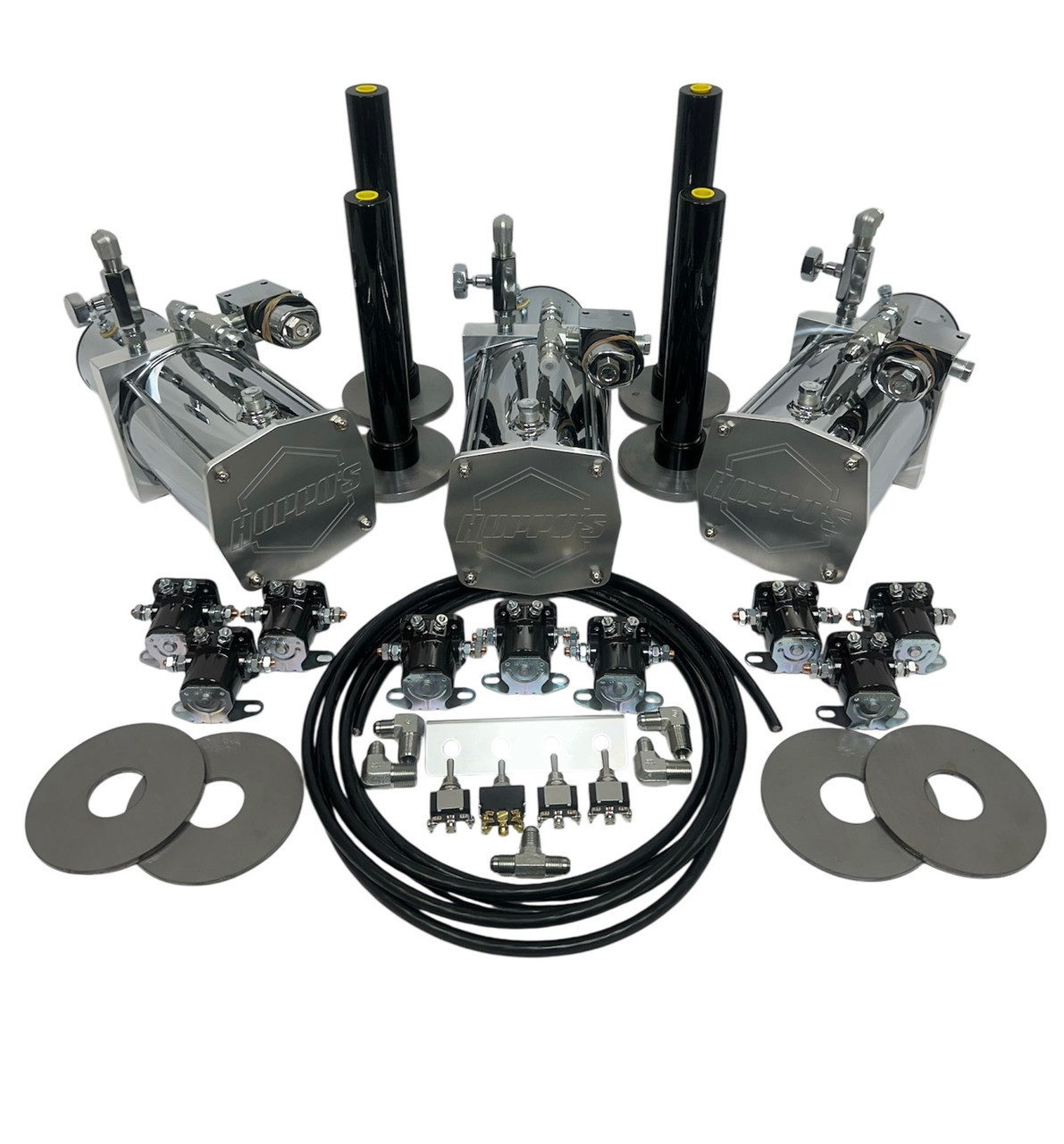 Hoppos Hydraulic Suspension Kit (3PFBCCHYD) Front/Back/Corner/Corner 3- Chrome Pump 3- Chrome Motors 2- Pairs Of Cylinders 2- Pairs of Shallow Cups 2- Pairs of Donuts 3-Chrome Delta Dumps 9- Solenoids 17' Ft of Switch Cord 4- Switches w/ Panel 1- Complete Fitting Kit w/ Slo-Downs 1- Complete #6 JIC Hose Kit SOME PARTS MAY VERY DEPENDING ON STOCK KITS DO NOT COME ASSEMBLED COILS BATTERIES AND CABLE ARE NOT INCLUDED