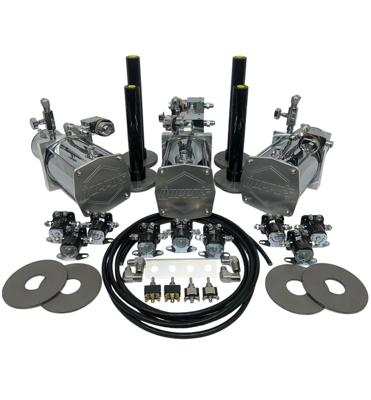 Hoppos Hydraulic Suspension Kit (3PFBSSHYD) Front/Back/Side/Side 3- Chrome Pump 3- Chrome Motors 2- Pairs Of Cylinders 2- Pairs of Shallow Cups 2- Pairs of Donuts 4-Chrome Delta Dumps 9- Solenoids 17' Ft of Switch Cord 4- Switches w/ Panel 1- Complete Fitting Kit w/ Slo-Downs 1- Complete #6 JIC Hose Kit SOME PARTS MAY VERY DEPENDING ON STOCK KITS DO NOT COME ASSEMBLED COILS BATTERIES AND CABLE ARE NOT INCLUDED