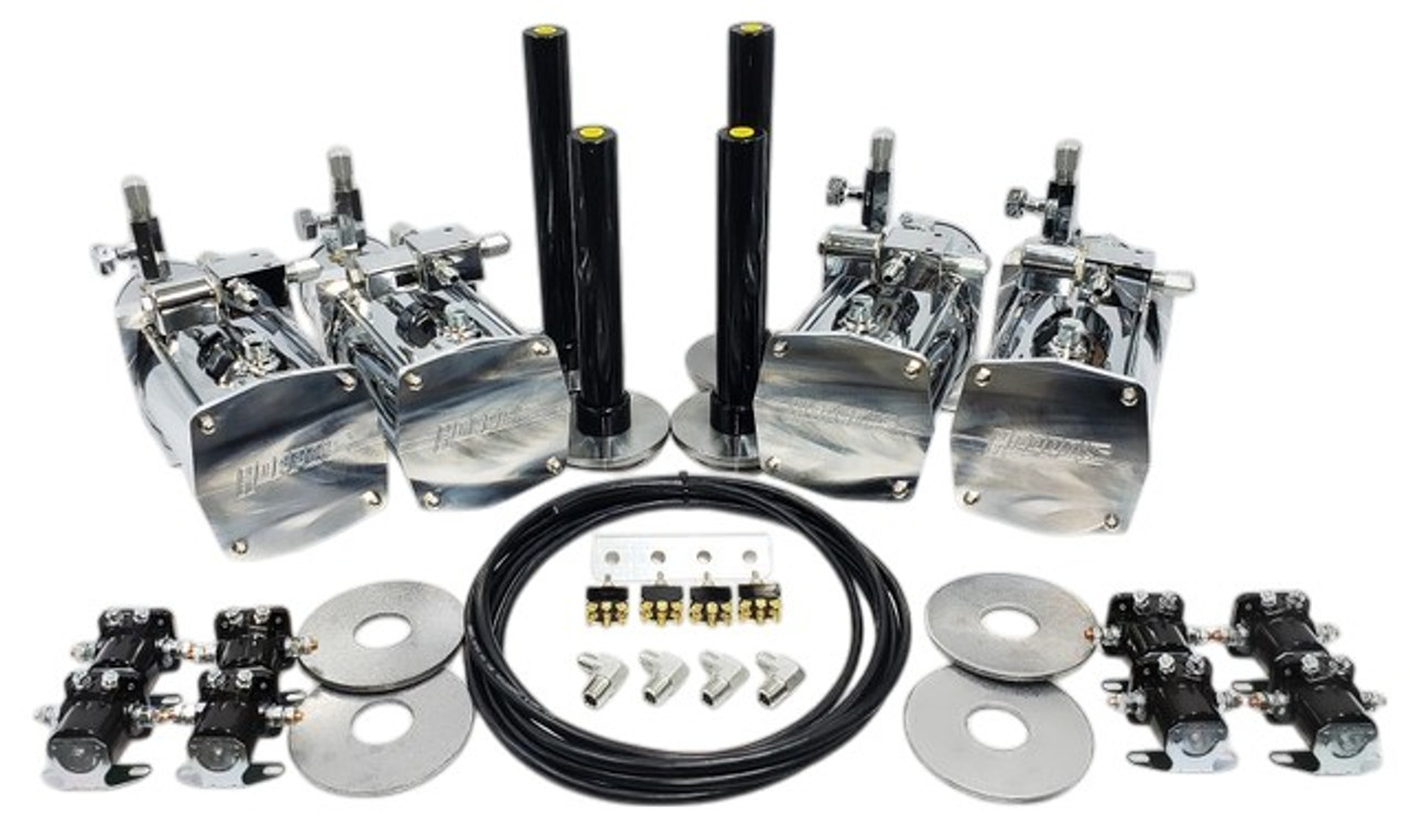 Hoppos Hydraulic Suspension Kit (4PFBSSHYD) Front/Back/Side/Side 4- Chrome Pump 4- Chrome Motors 2- Pairs Of Cylinders 2- Pairs of Shallow Cups 2- Pairs of Donuts 4-Chrome Delta Dumps 8- Solenoids 17' Ft of Switch Cord 4- Switches w/ Panel 1- Complete Fitting Kit w/ Slo-Downs 1- Complete #6 JIC Hose Kit SOME PARTS MAY VERY DEPENDING ON STOCK KITS DO NOT COME ASSEMBLED COILS BATTERIES AND CABLE ARE NOT INCLUDED